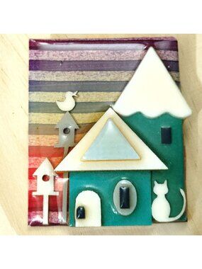 Lucinda Yates Brooch Cat Birdhouse House Pin Folk Art Rainbow Design Collectible